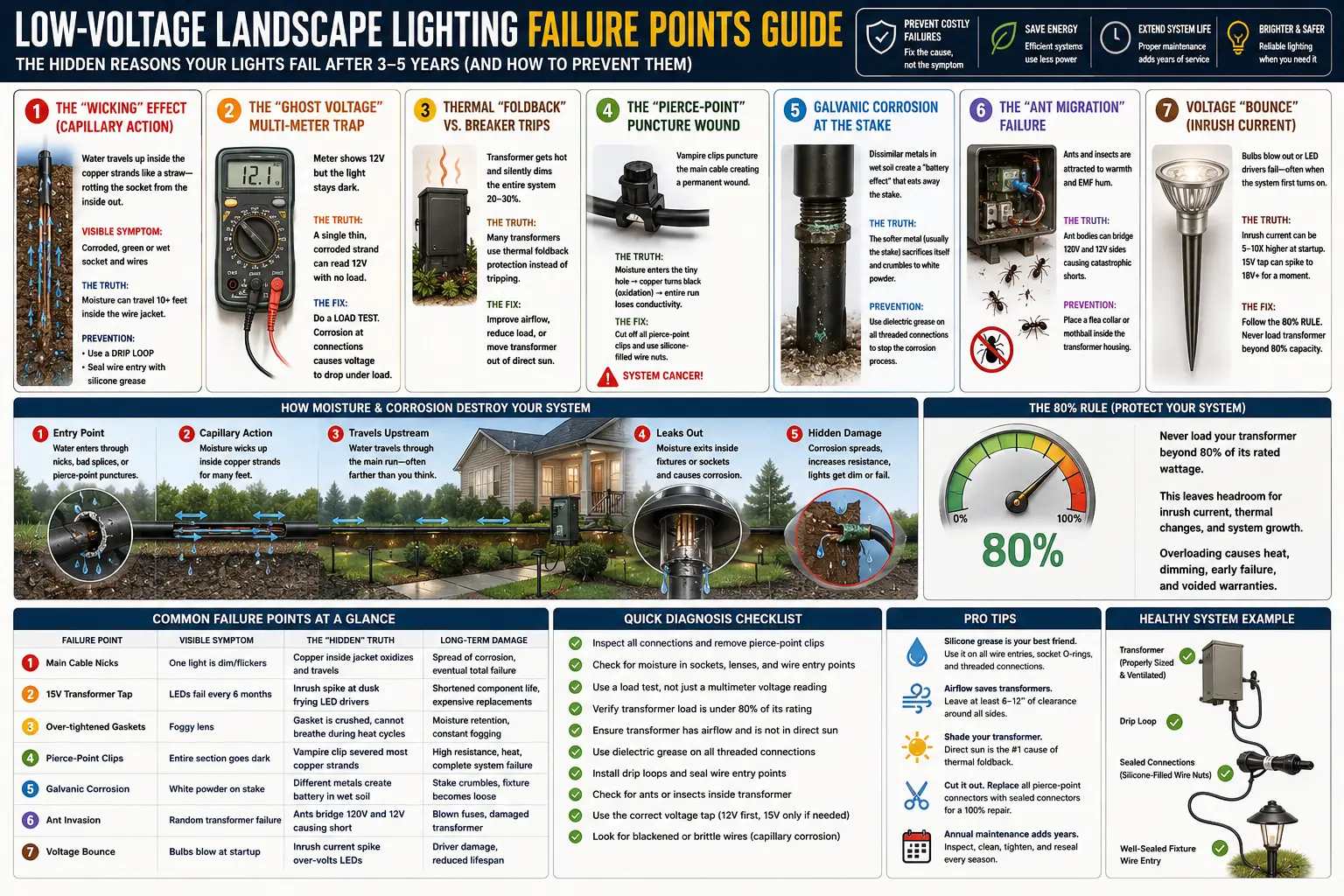 Low Voltage Landscape Lighting Failure Points: The Hidden Reasons Systems Flicker, Dim and Die