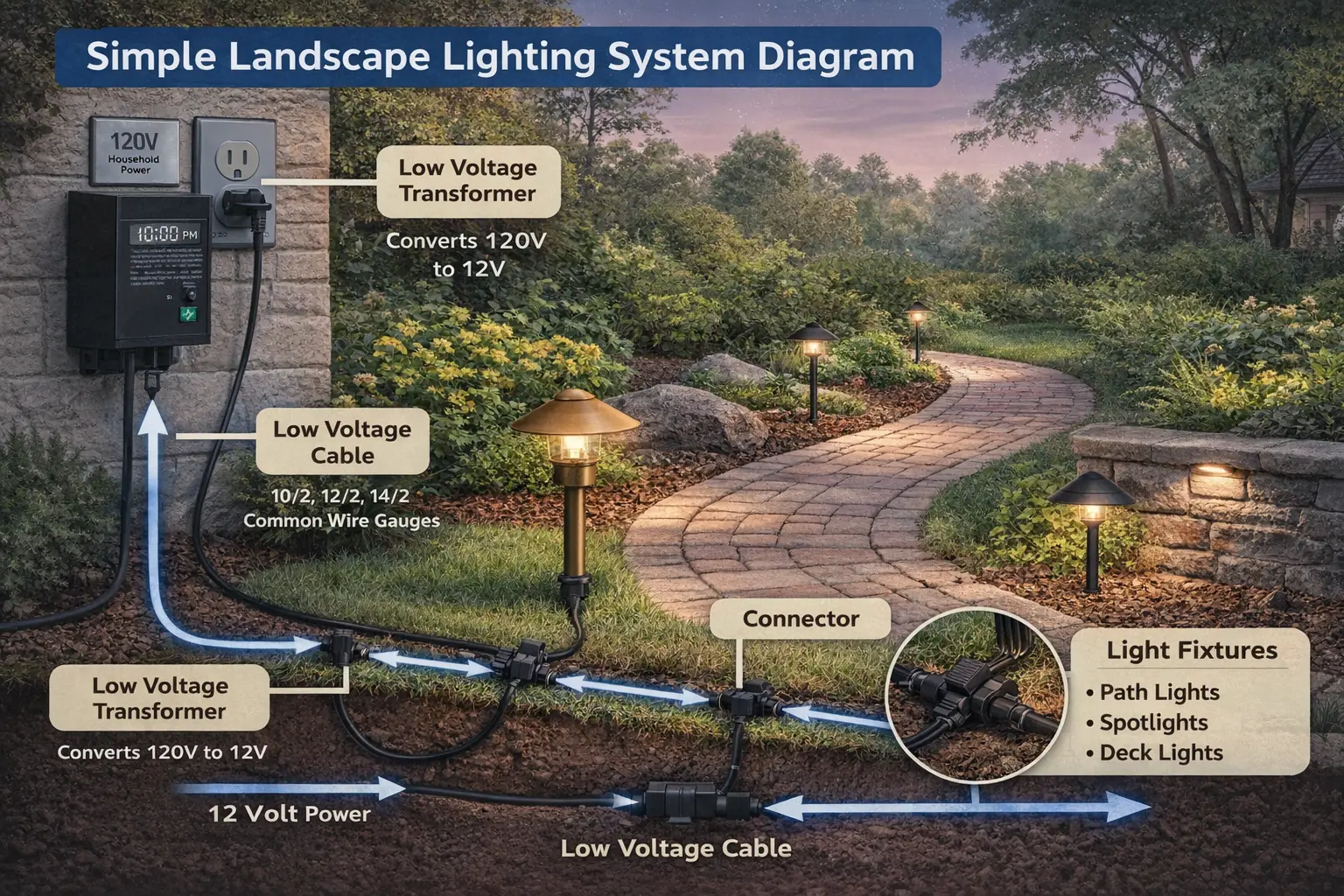 Wide low voltage landscape lighting system diagram showing transformer, 12 volt cable, connectors, and landscape light fixtures in a typical outdoor lighting layout