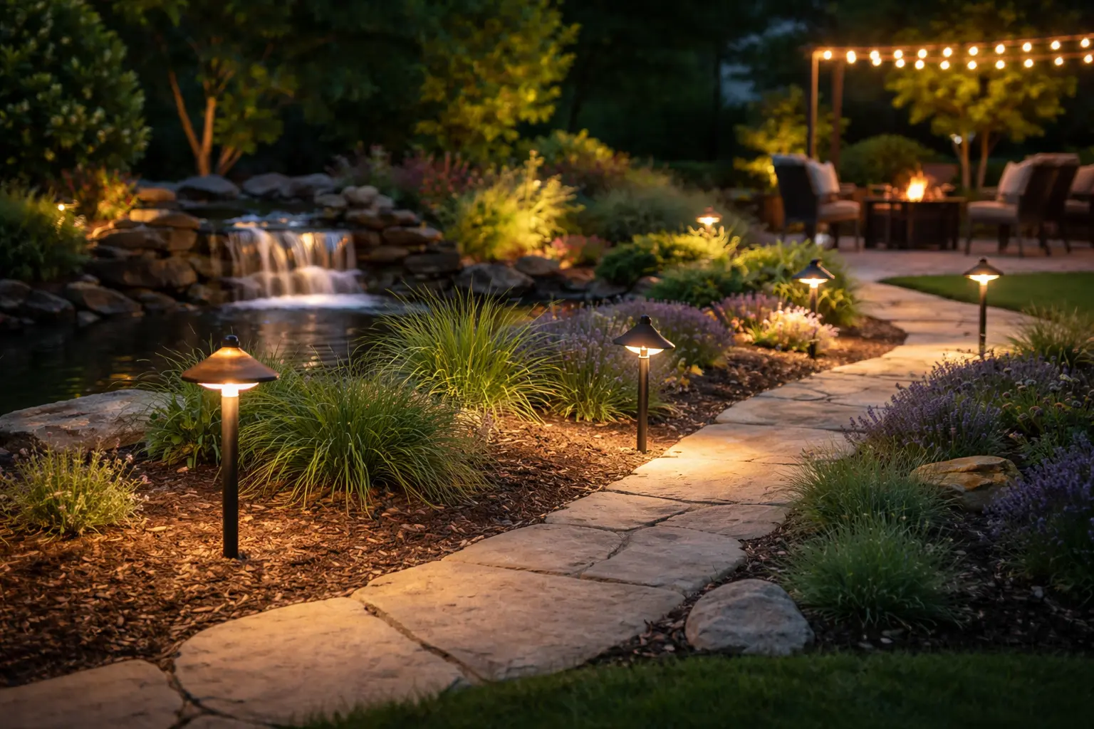 Low voltage landscape lighting with path lights, spotlights, deck lights, and transformer-powered outdoor lighting around a home