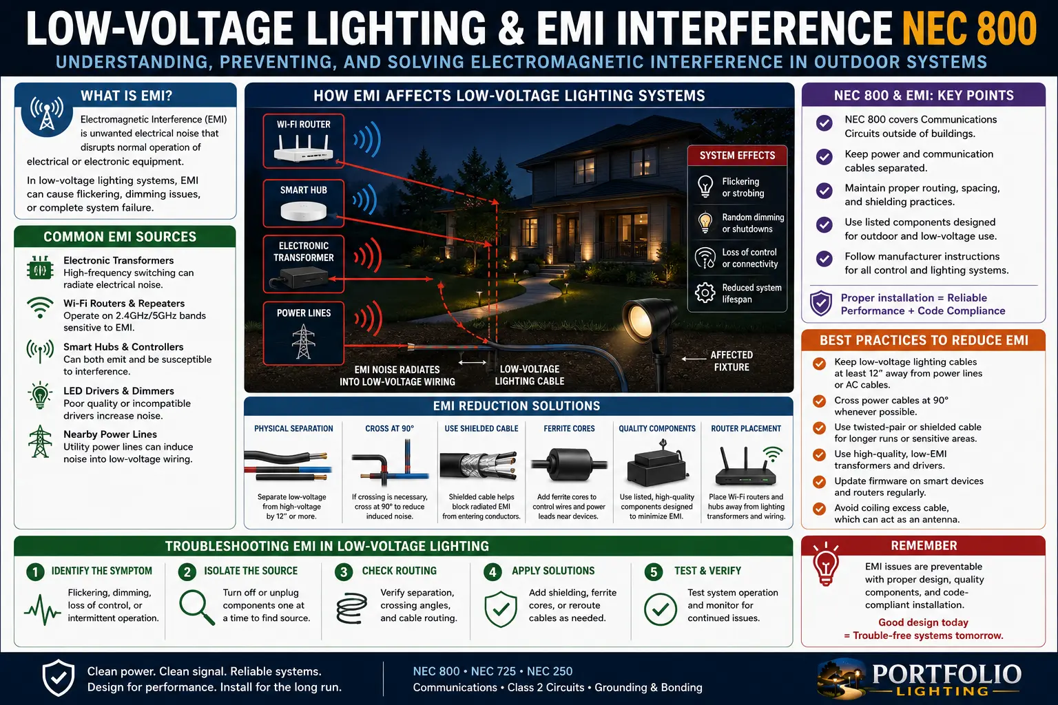 Low voltage lighting EMI interference NEC 800 guide showing LED driver noise cable separation smart lighting controls communication wires and troubleshooting logic