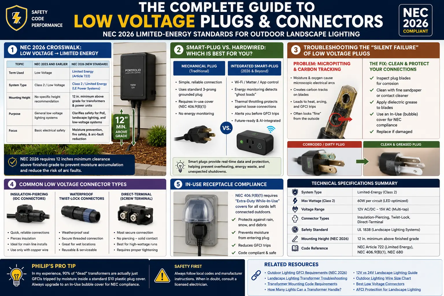 Low voltage plug limited energy connector guide showing clean plug corroded plug GFCI cover smart plug and landscape lighting connectors
