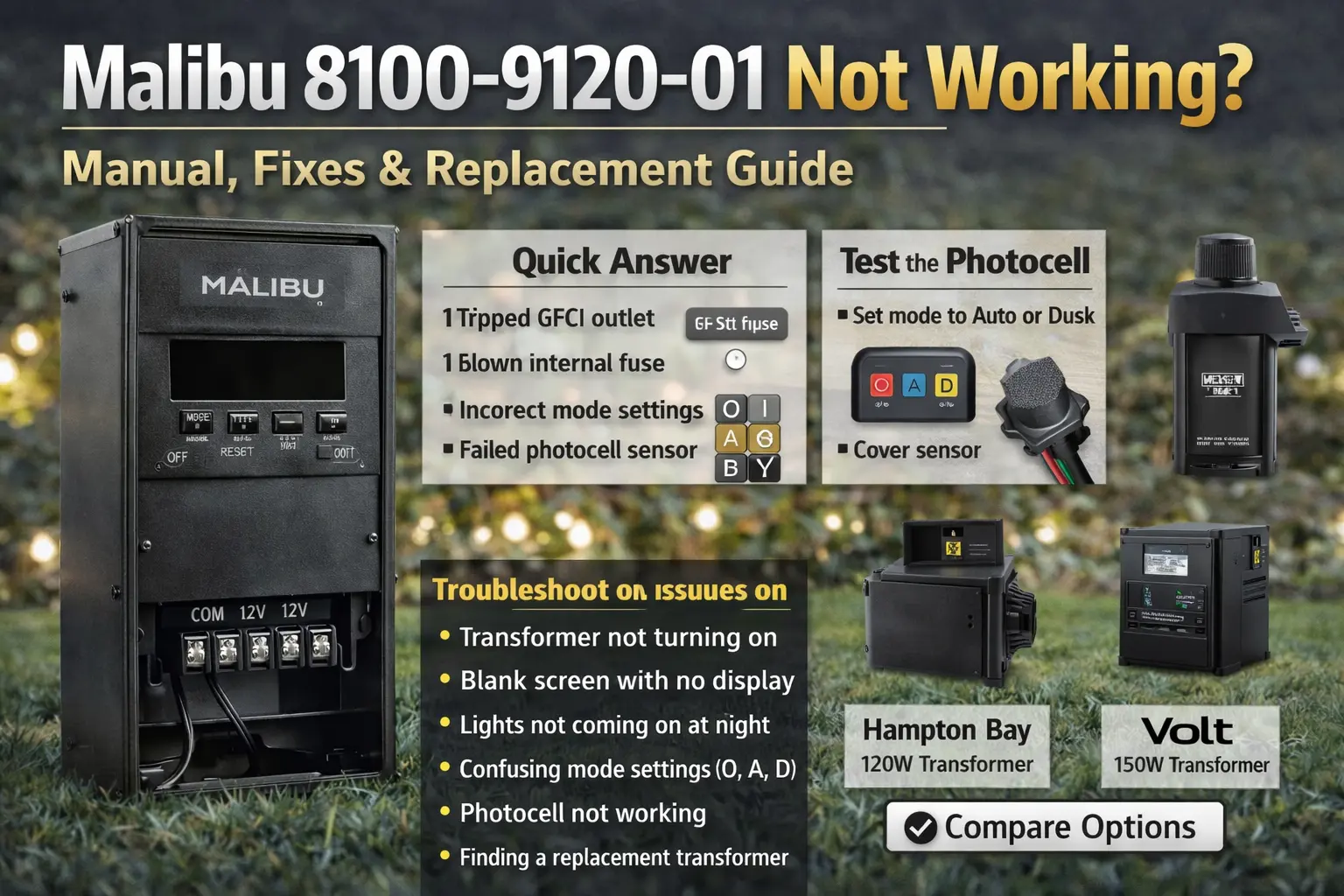 Malibu 8100-9120-01 transformer troubleshooting guide with settings and replacement help