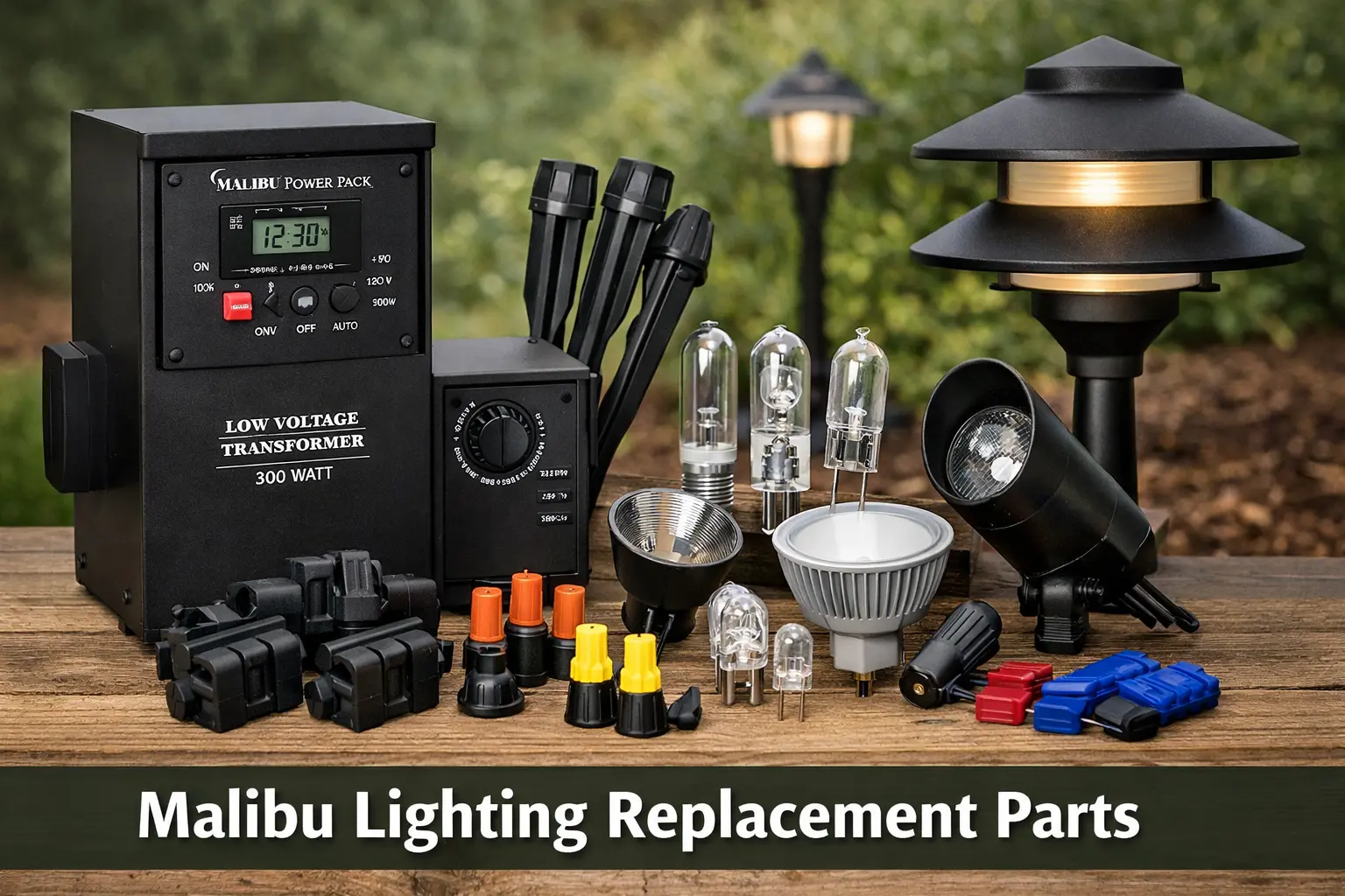 Malibu lighting replacement parts for transformers, stakes, bulbs, connectors, and low voltage landscape lighting