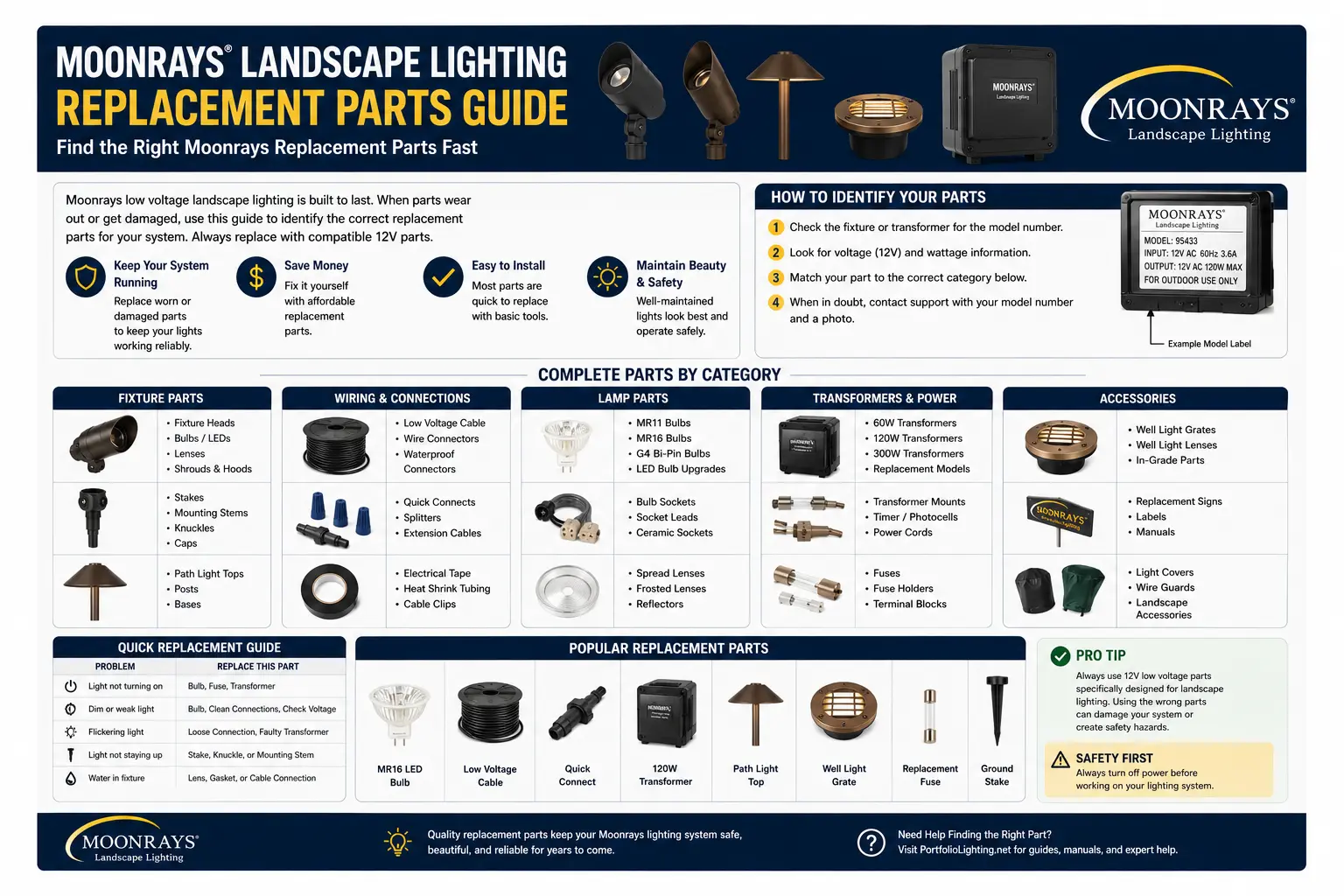 Moonrays landscape lighting replacement parts — model 29018 29065 95557 solar 91381 battery repair guide