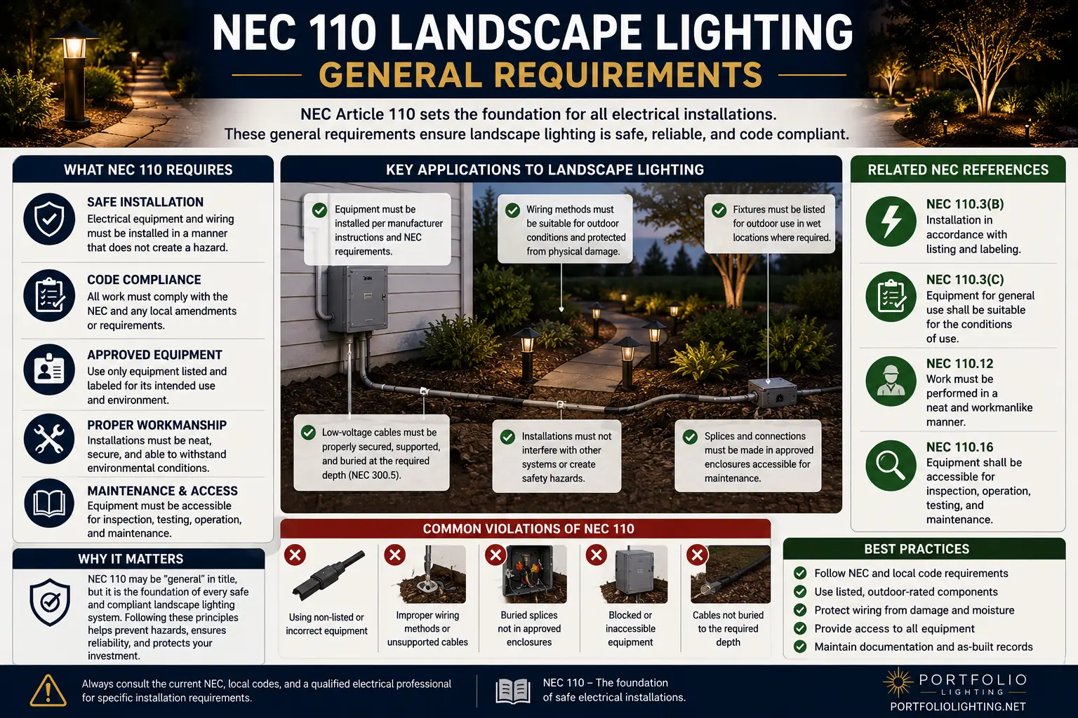 NEC Article 110 landscape lighting general requirements approval listing 110.3B manufacturer instructions workmanlike direct burial splice working space
