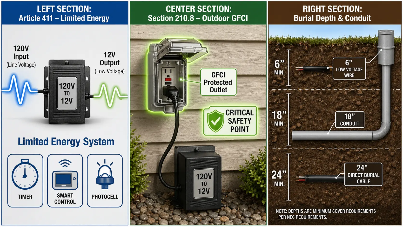 NEC 2026 landscape lighting code updates diagram showing Article 411 limited energy systems, Section 210.8 GFCI, burial depth, conduit, transformer, and outdoor lighting wiring