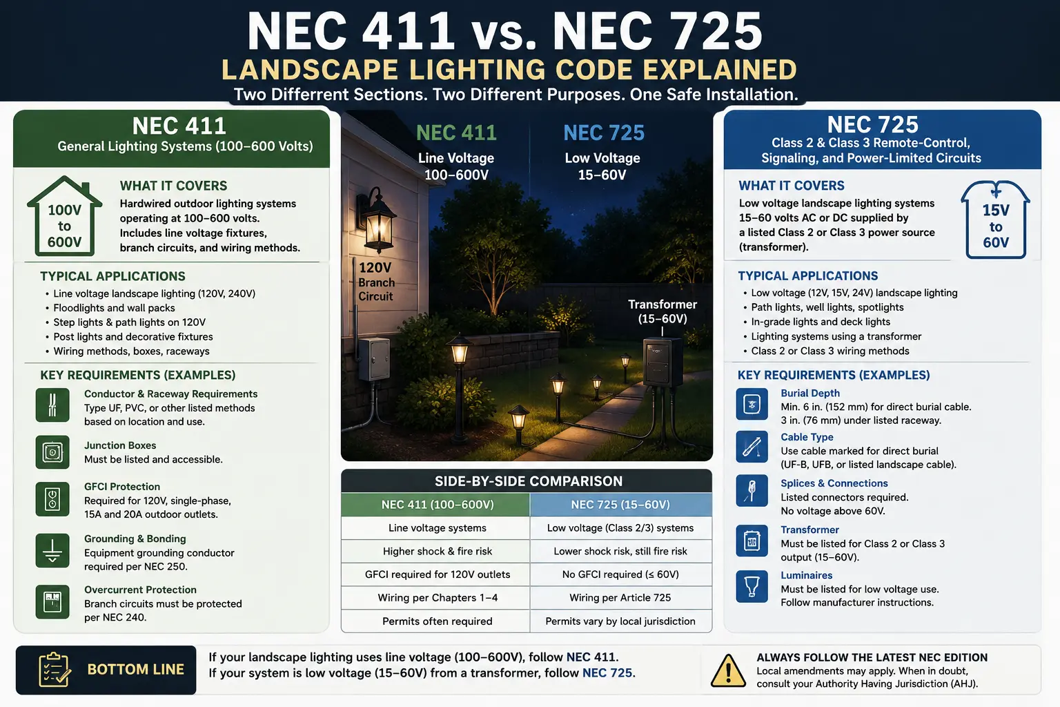 NEC 411 versus NEC 725 landscape lighting diagram showing transformer, Class 2 circuit, low-voltage wire, and outdoor fixtures