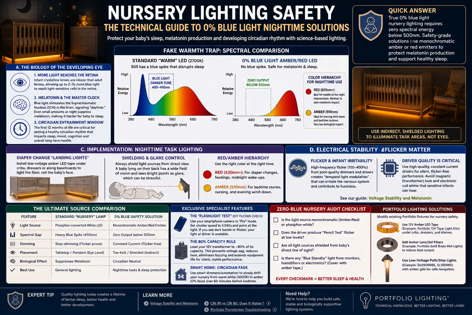 Nursery lighting safety diagram showing zero blue light amber red LEDs spectral cutoff stable dimming and indirect low voltage nighttime lighting