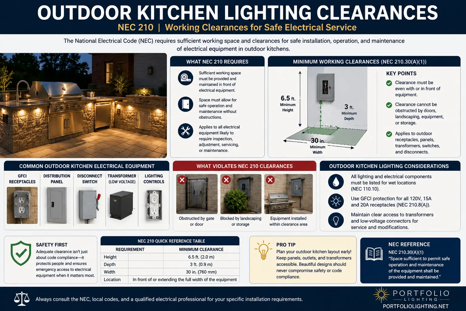 Outdoor kitchen lighting NEC 210 compliance clearance requirements GFCI damp wet location NFPA 54 grill overhead combustible clearance