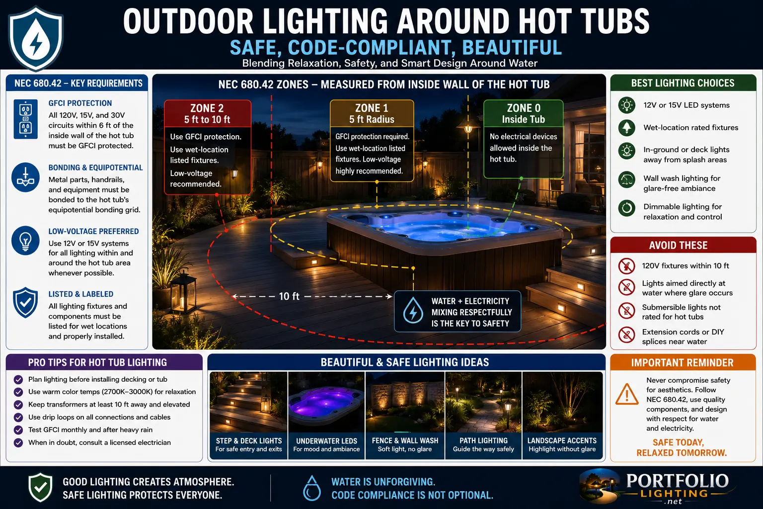 Outdoor lighting around hot tubs showing safe warm low-glare spa lighting wet-location planning GFCI awareness path lights step lights and privacy lighting