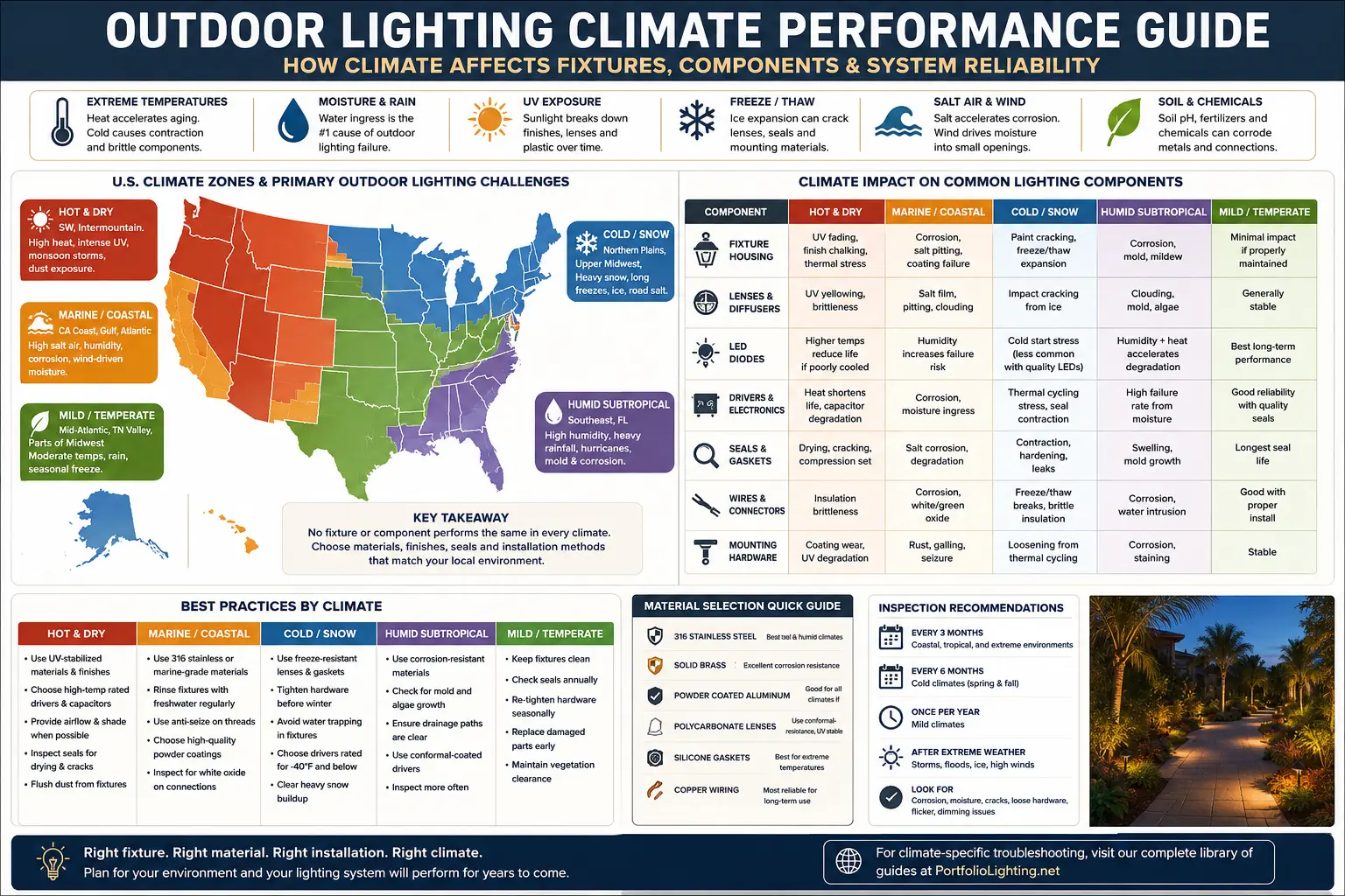 Outdoor lighting climate performance infographic showing desert heat, coastal salt, freeze thaw, humidity, snow, irrigation and material failure patterns