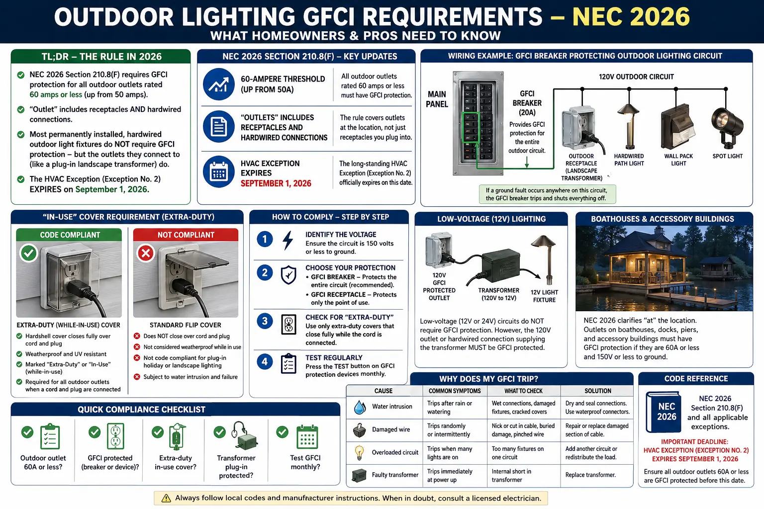 NEC 2026 outdoor lighting GFCI requirements diagram showing GFCI breaker, outdoor outlet, in-use cover, and landscape lighting transformer