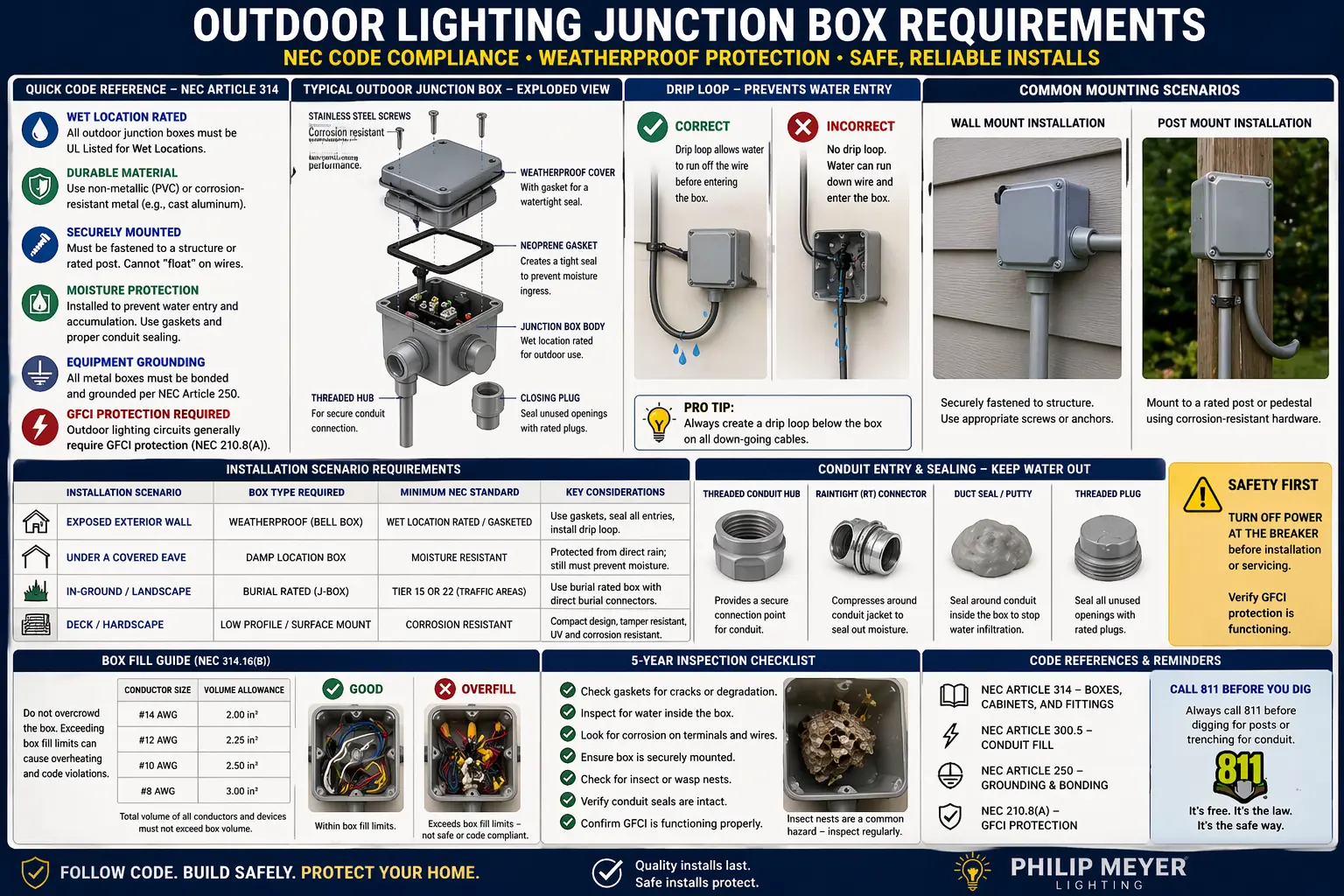 Outdoor lighting junction box requirements diagram with gasketed cover, conduit hubs, grounding, and drip loop