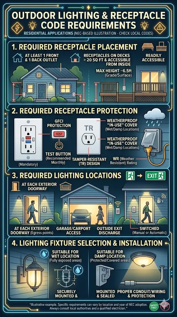 Outdoor lighting receptacle with weather-resistant in-use cover GFCI protection and landscape lighting transformer code checklist