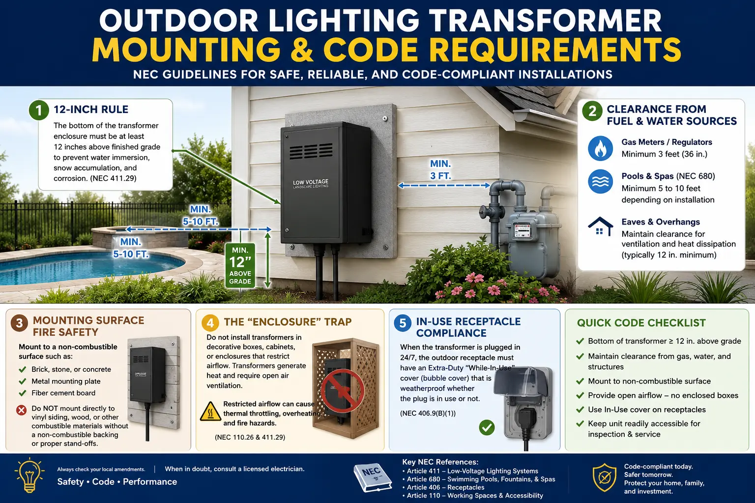 Outdoor lighting transformer mounting code requirements showing clearance from grade wall siding GFCI receptacle gas meter pool zone and ventilation