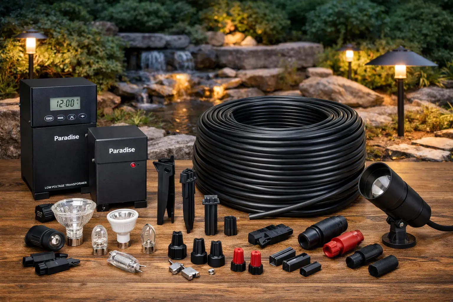 Paradise lighting replacement parts for transformers, bulbs, stakes, connectors, low voltage cable, and outdoor landscape lighting