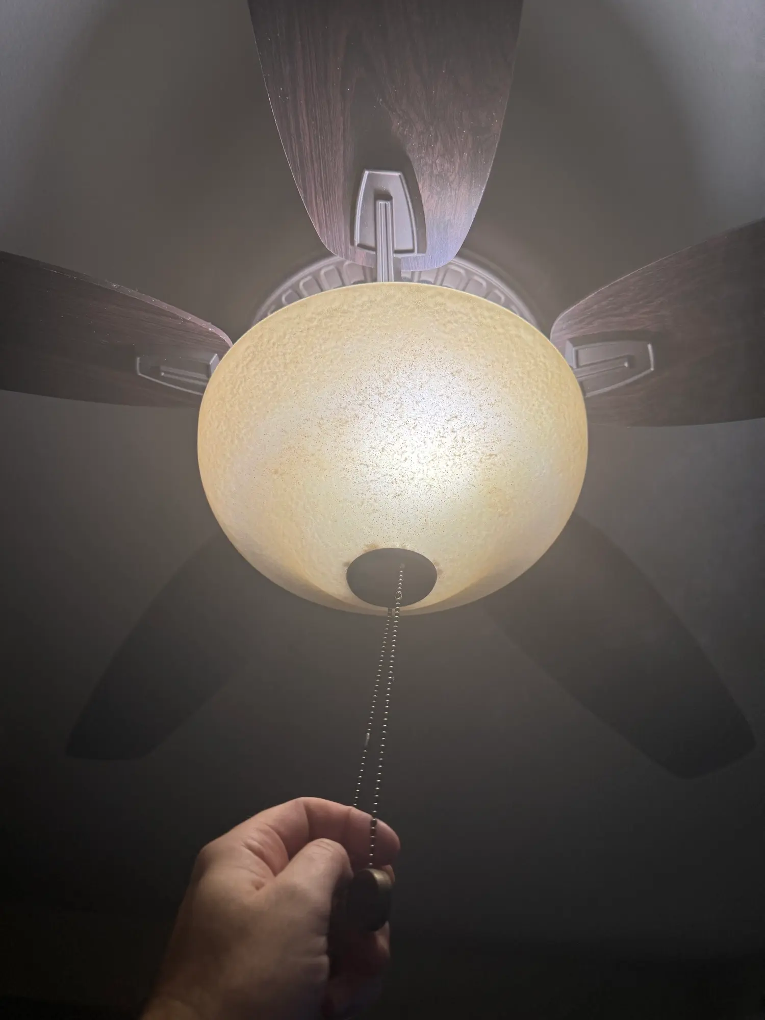 Philip Meyer performing a pull-chain switch diagnostic on a ceiling fan light fixture