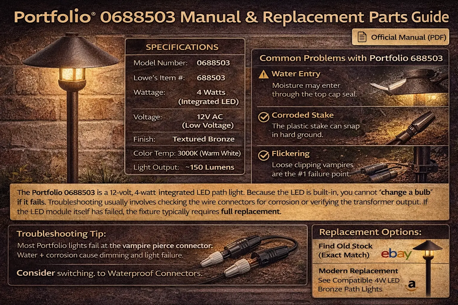 Portfolio 0688503 manual and replacement parts guide for the 4W textured bronze LED path light