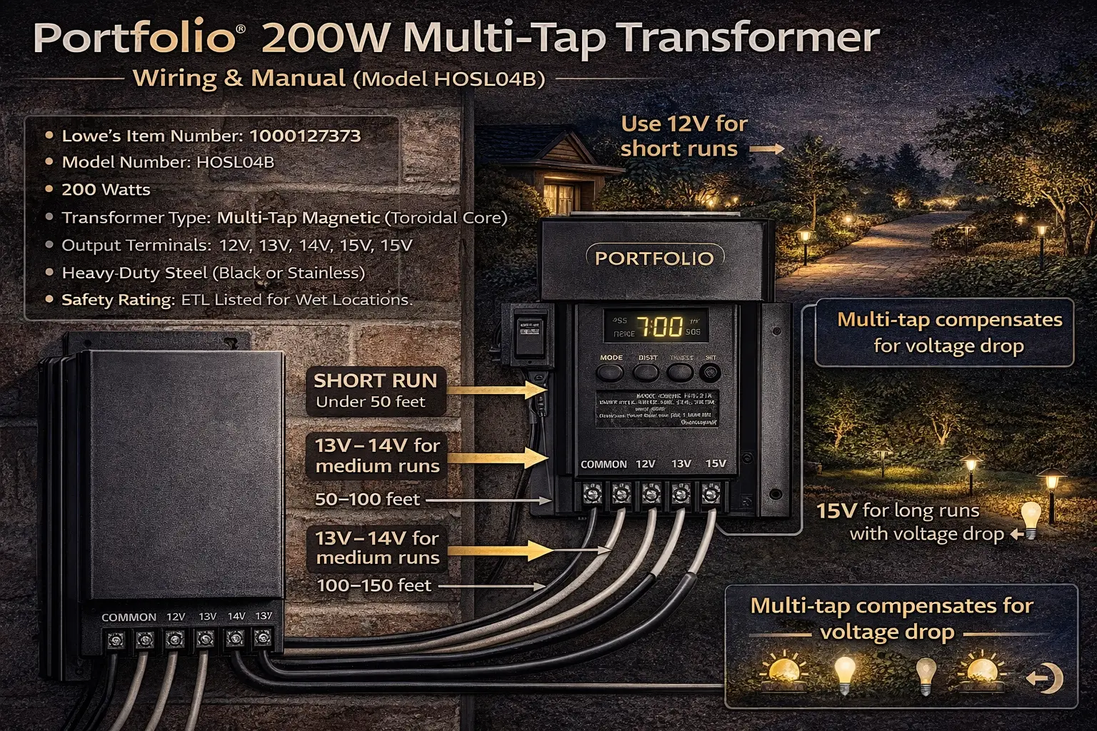 Portfolio 200W multi-tap model number HOSL04B transformer wiring and manual guide