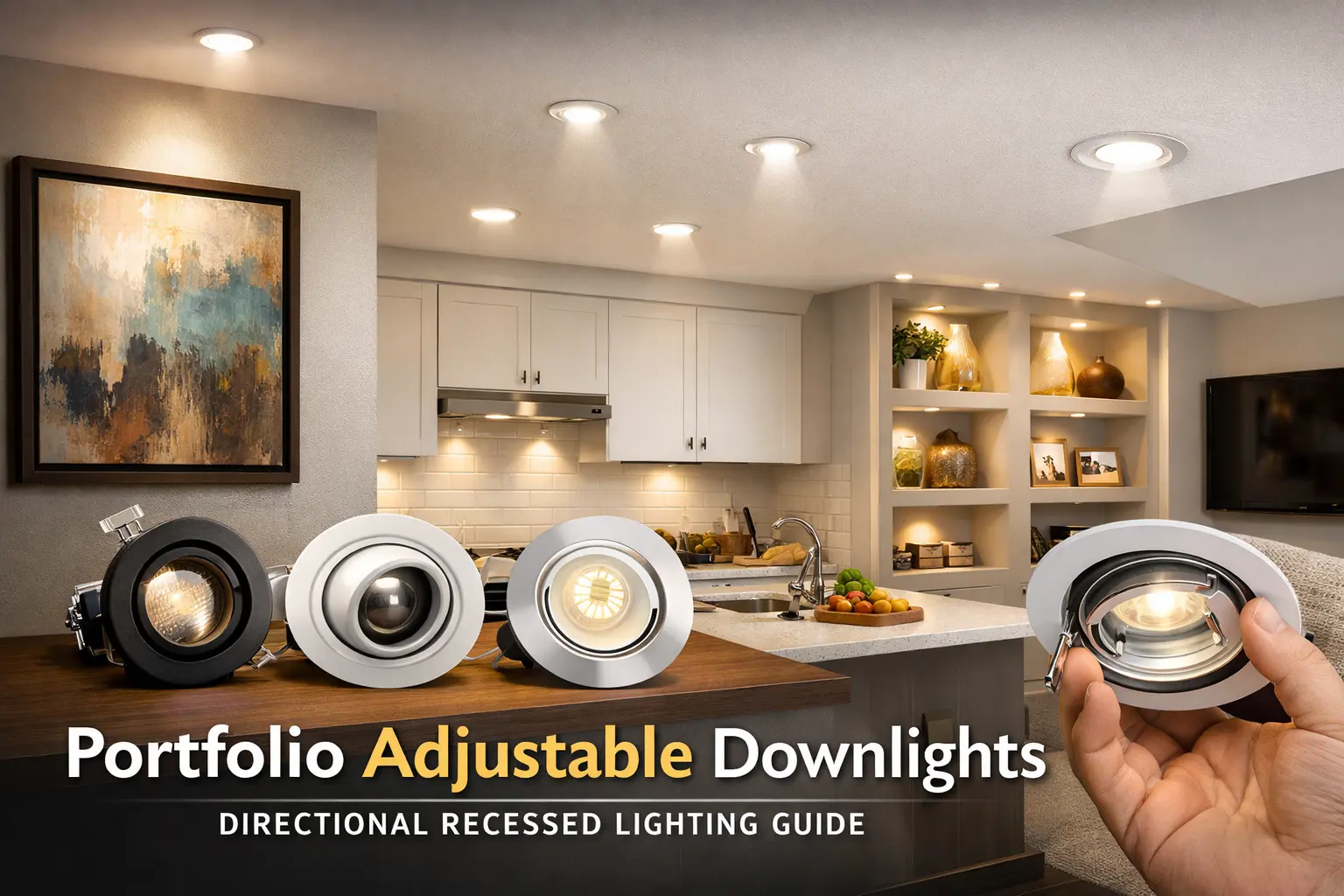 Portfolio adjustable downlights installed in a ceiling directing light toward artwork and a kitchen work area
