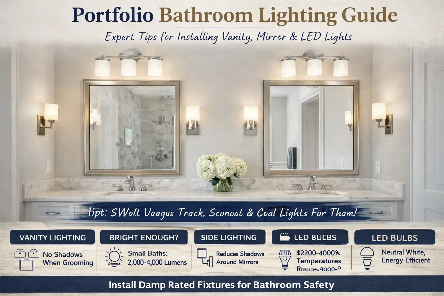 Portfolio bathroom vanity lighting installed above mirror