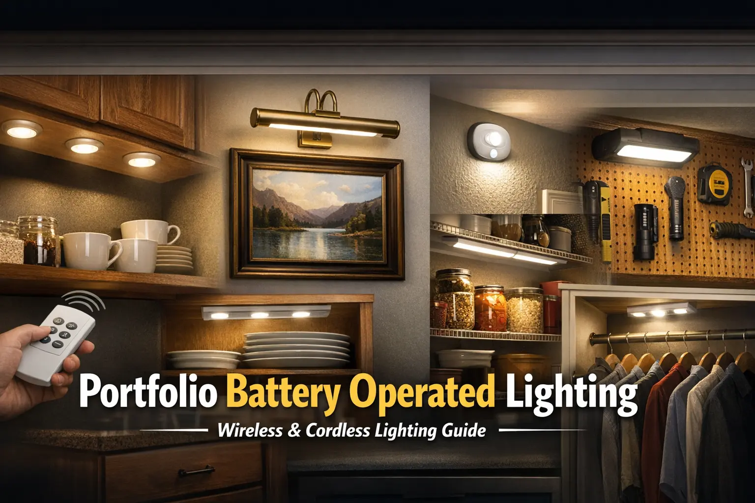 Portfolio battery operated lighting with wireless puck lights, battery cabinet lights, picture lights, and cordless LED fixtures