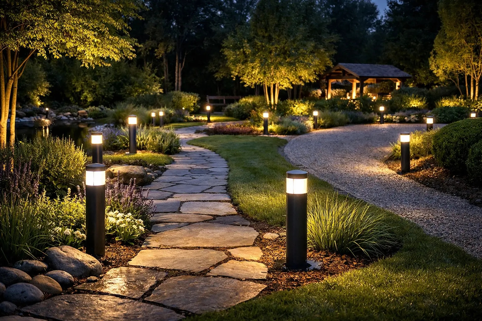 Portfolio bollard landscape lighting along pathways, driveways, garden edges, and low voltage outdoor landscape layout at night