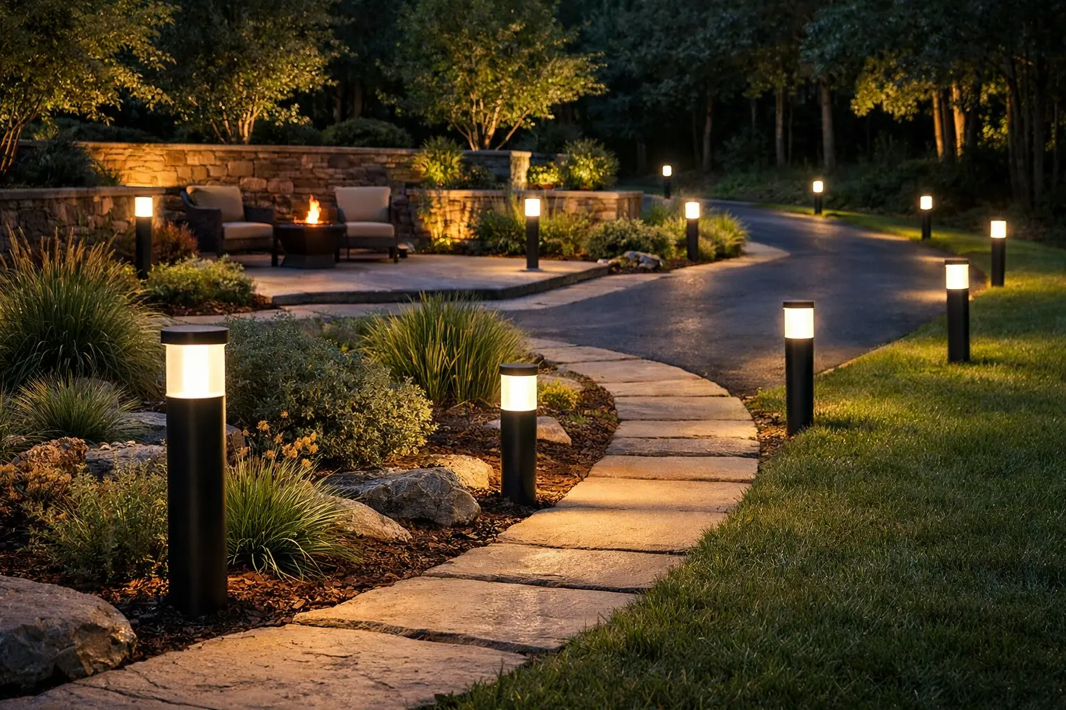 Portfolio bollard lighting used along outdoor walkways, driveway edges, courtyards, and modern low voltage landscape layouts at night