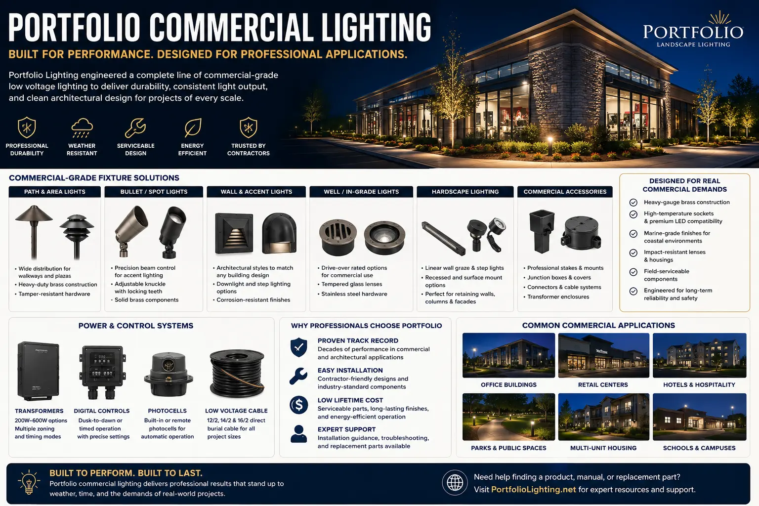 Portfolio commercial lighting guide showing architectural recessed housings, trims, LED engines, drivers, 0-10V controls, emergency options and model identification