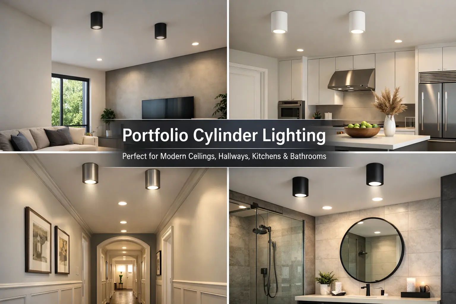 Portfolio cylinder lighting for modern ceilings, hallways, kitchens, bathrooms, and focused architectural indoor lighting