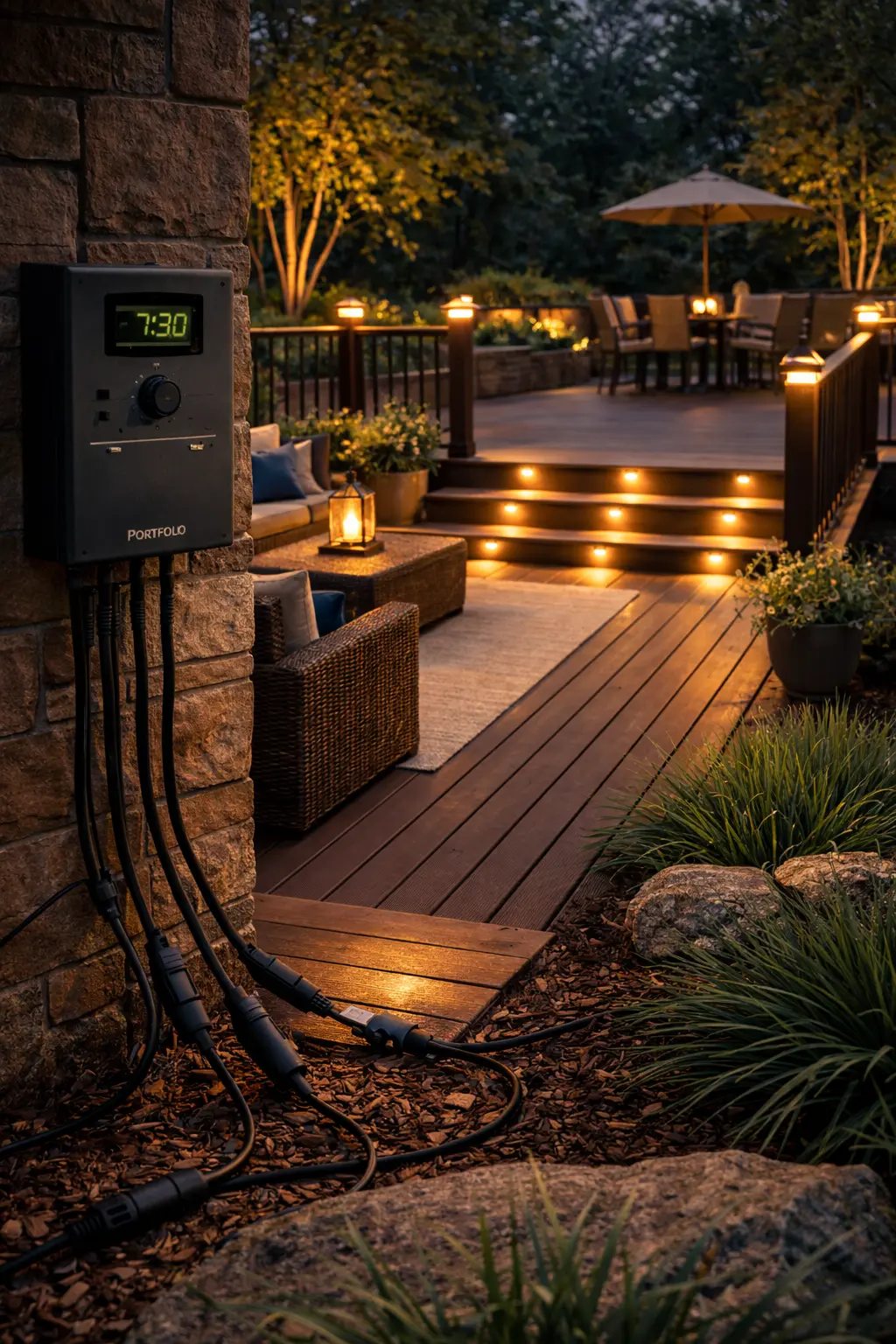 Portfolio deck lighting and outdoor low voltage transformer system