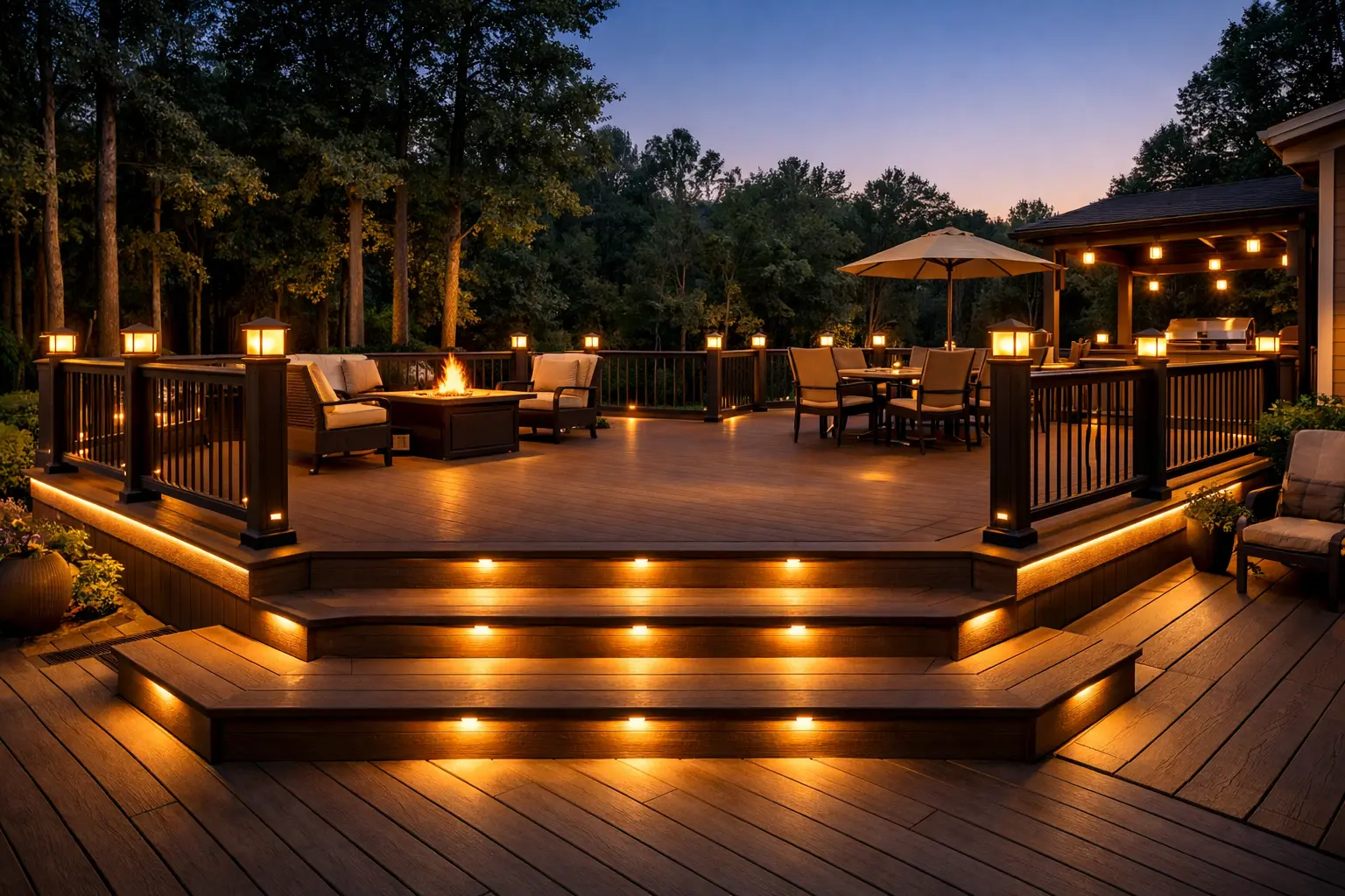 Portfolio deck lighting on stairs, deck posts, railings, and outdoor deck edges with warm low voltage lighting