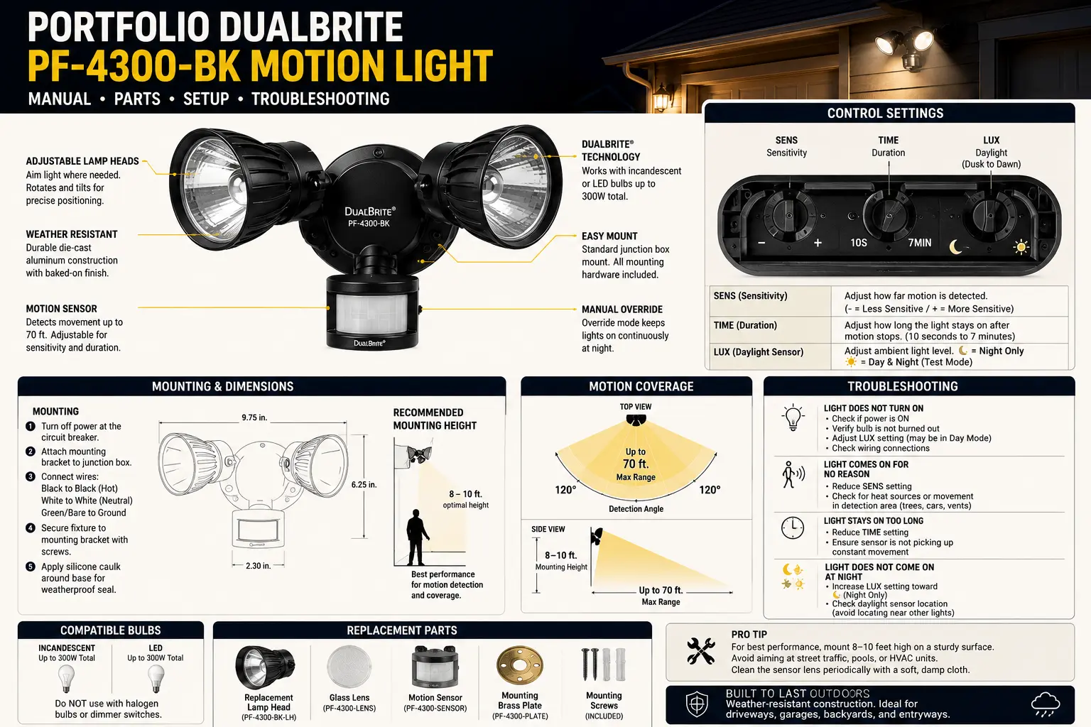 Portfolio DualBrite PF-4300-BK Motion Light Manual: Settings