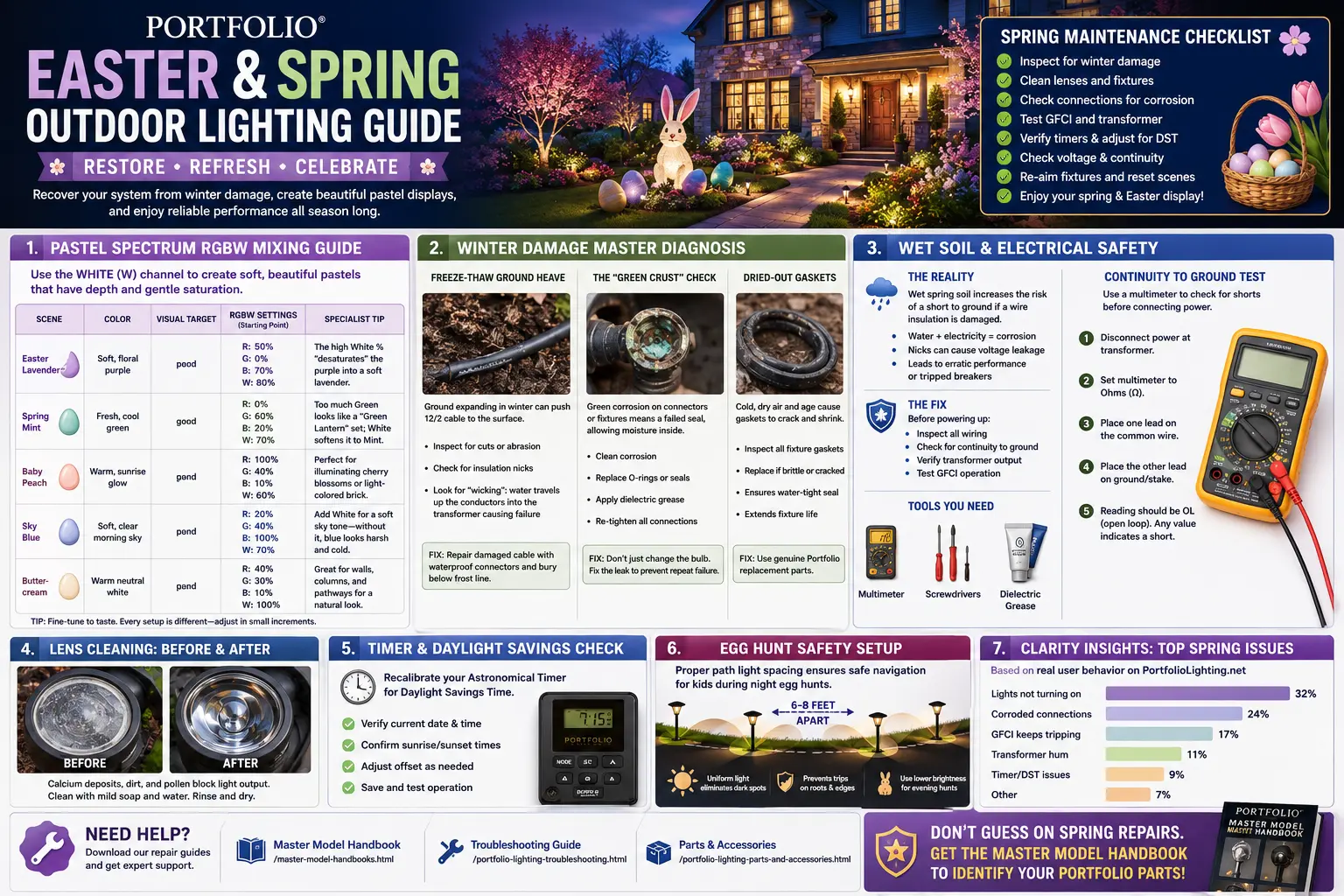 Portfolio Easter and spring outdoor lighting maintenance guide showing pastel RGBW color mixing winter damage inspection wet soil voltage testing and timer recalibration