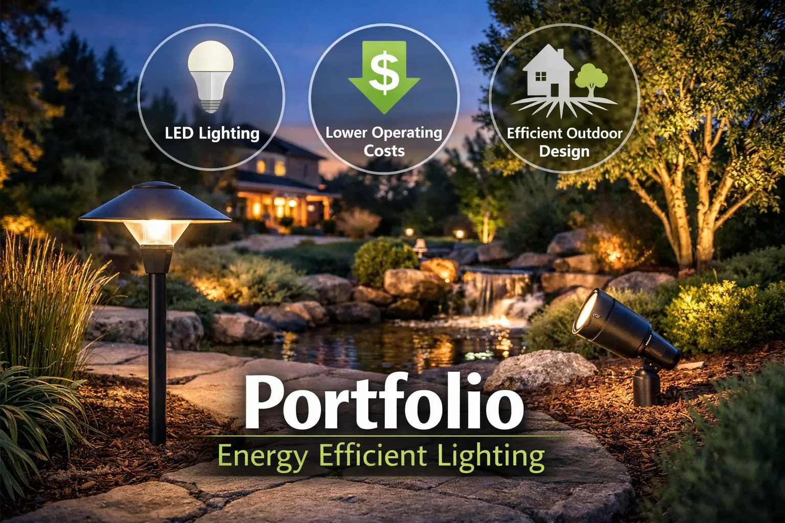 Portfolio energy efficient lighting with LED landscape lights, lower operating costs, and efficient outdoor lighting design