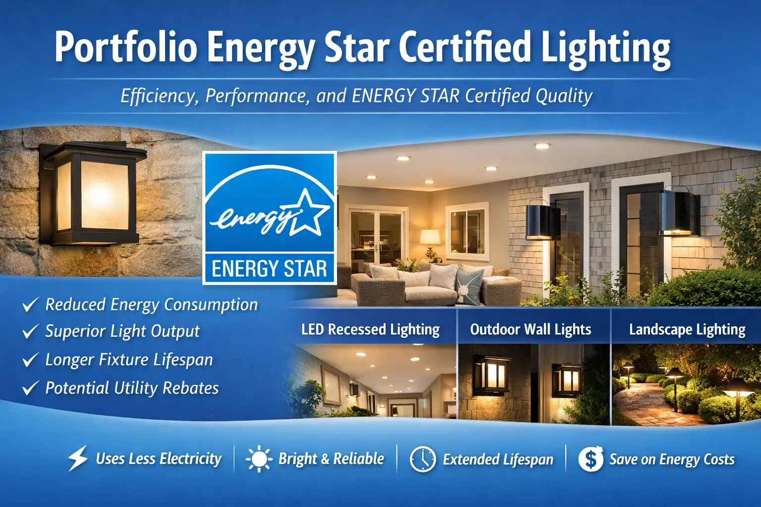 Portfolio energy efficient lighting including Energy Star certified fixtures, LED lighting, low voltage systems, and practical indoor and outdoor upgrades