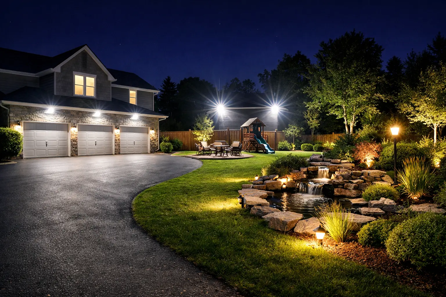 Portfolio flood lighting for wide outdoor coverage, driveway visibility, backyard security, and practical landscape illumination
