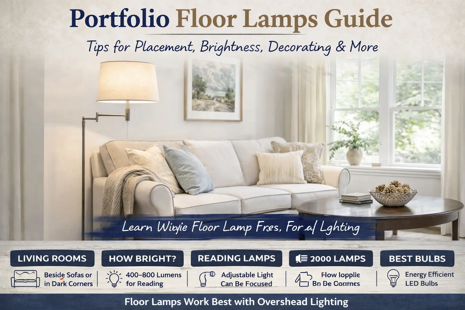 Portfolio floor lamp beside sofa in living room