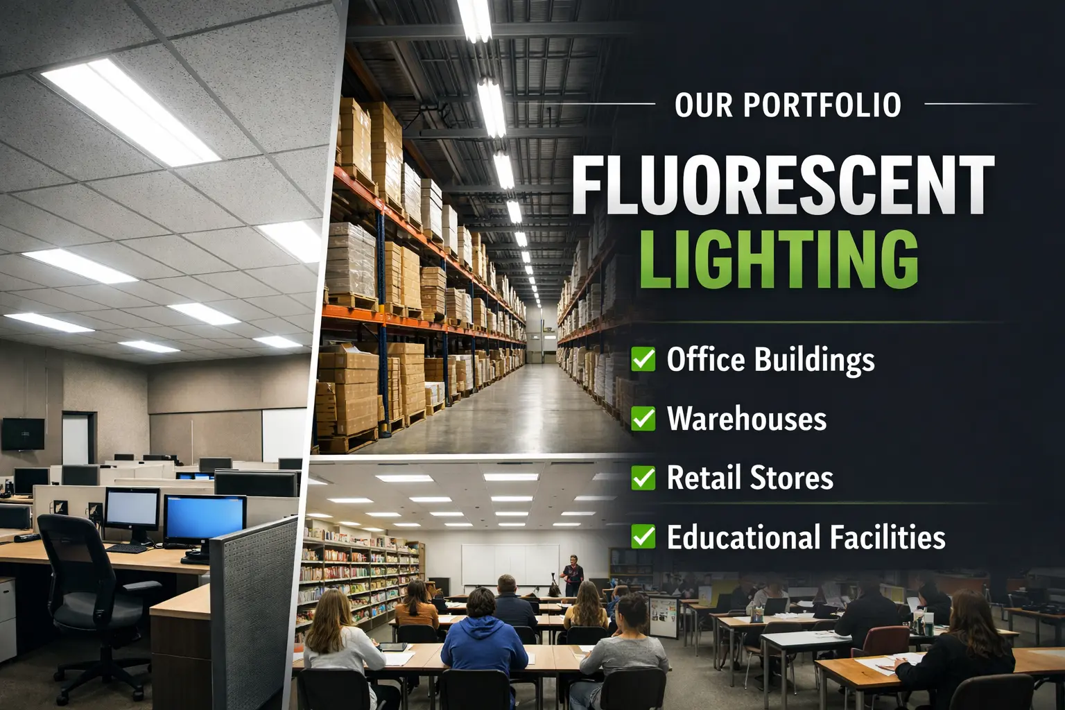 Portfolio fluorescent lighting fixtures for garages, utility rooms, kitchens, workshops, and indoor task lighting