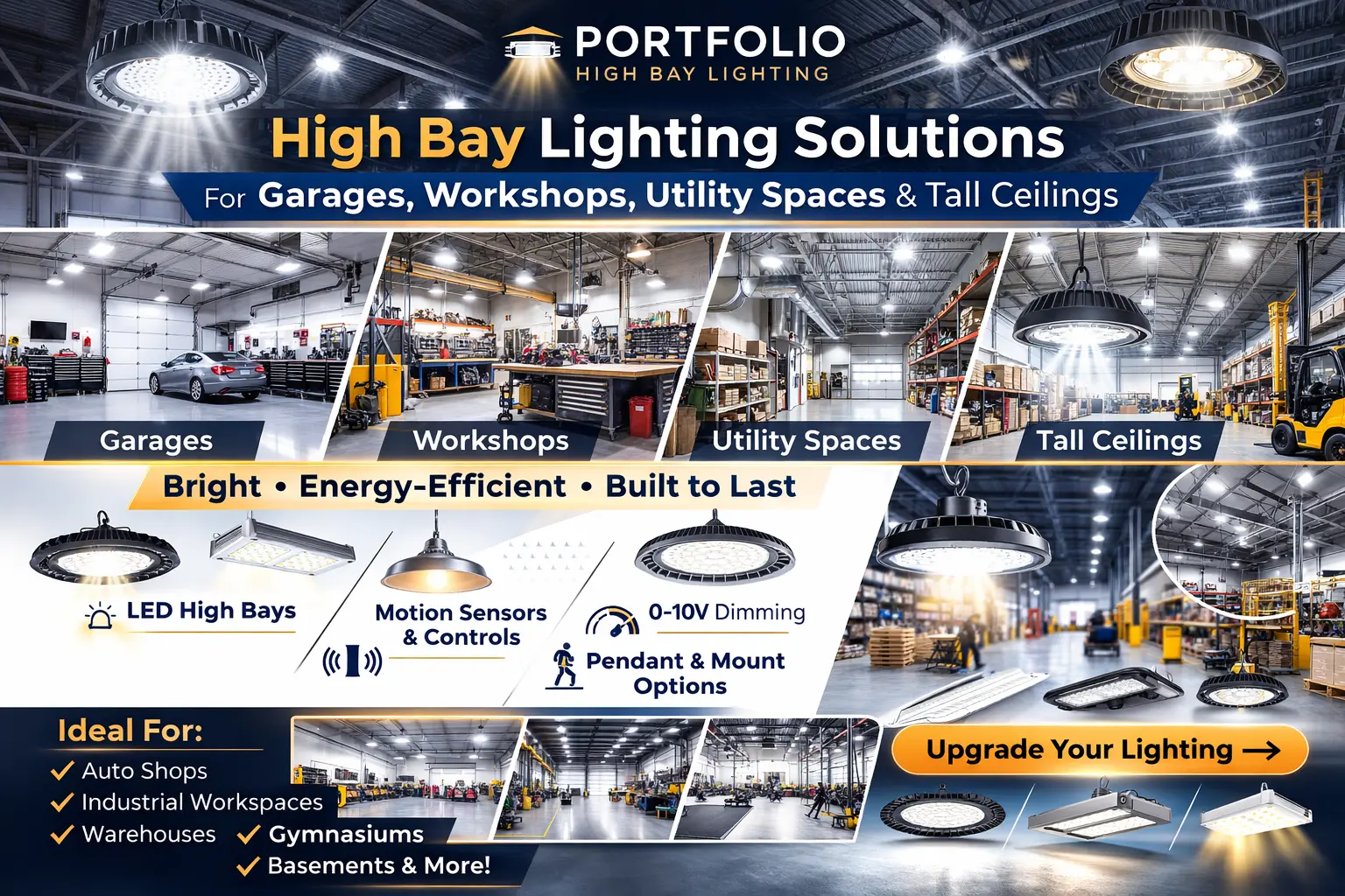 Portfolio high bay lighting for garages, workshops, utility spaces, tall ceilings, and overhead task lighting