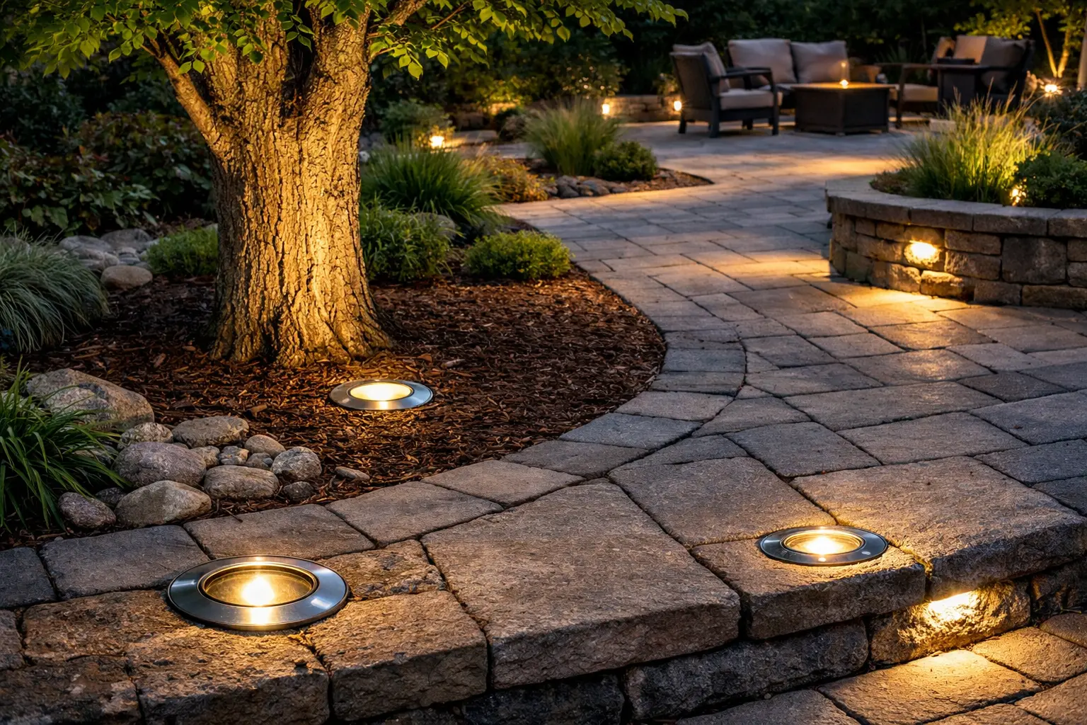 Portfolio in-grade lighting installed flush with outdoor hardscape for tree uplighting and in-ground landscape accent lighting