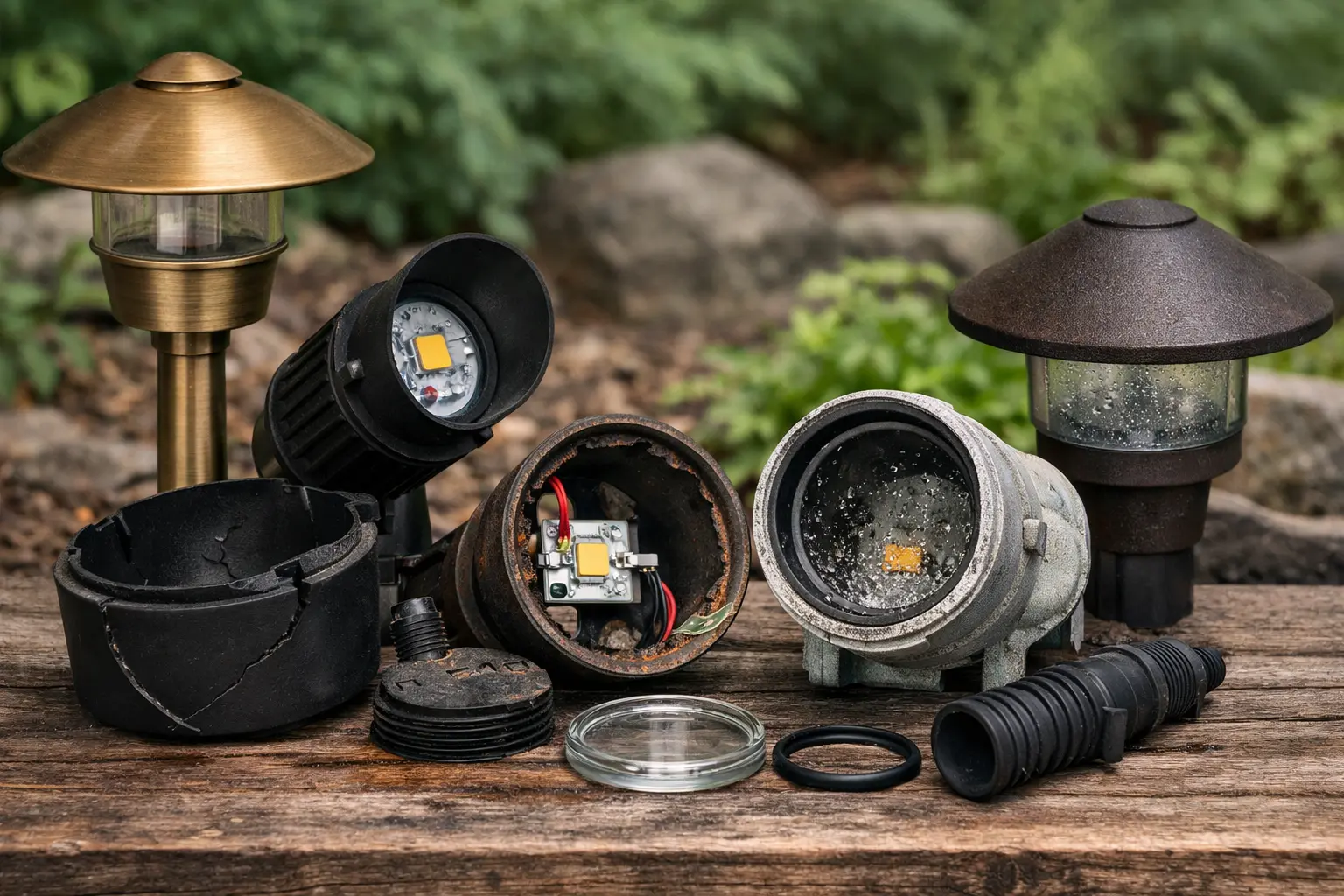 Wide Portfolio landscape light housing image showing damaged and replacement outdoor light housings for low voltage landscape fixtures