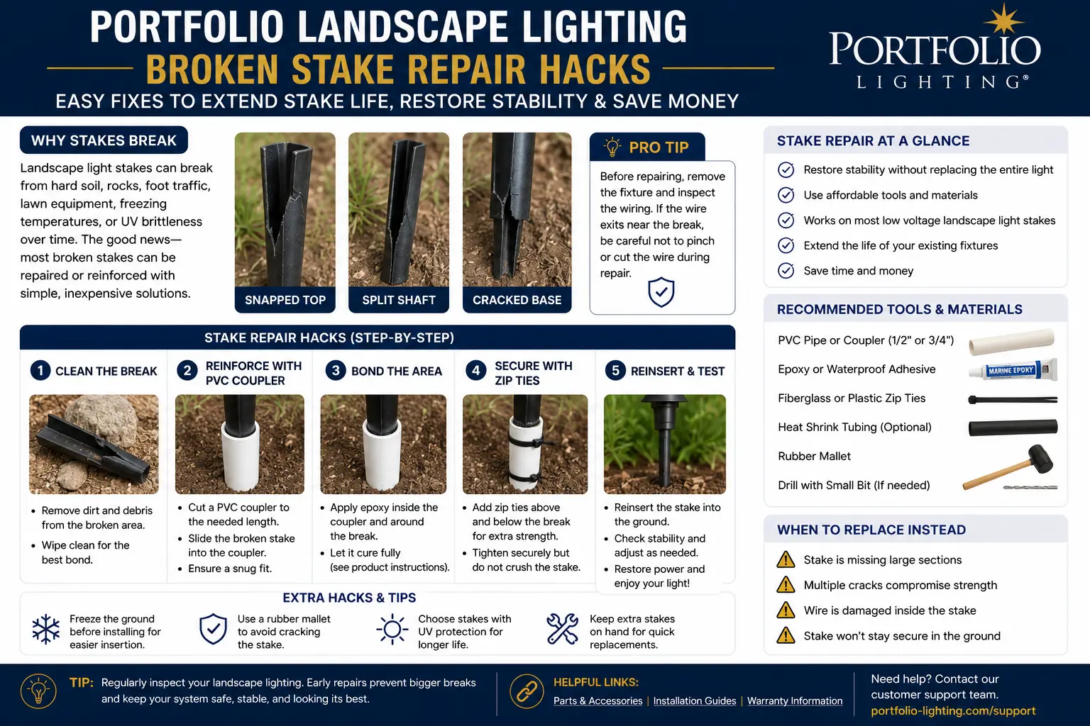 Portfolio landscape lighting broken stake repair hacks path light fix replacement stake thread size guide permanent upgrade PVC pipe DIY