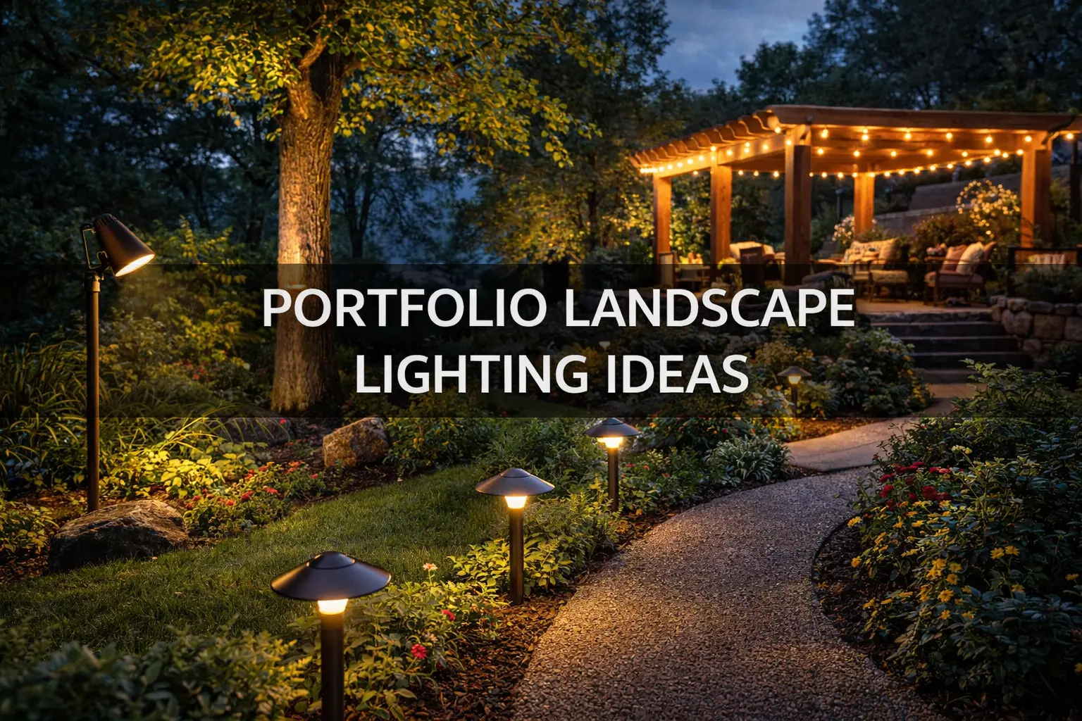 Portfolio landscape lighting ideas with path lights, spotlights, garden bed accents, patio lighting, and front yard outdoor illumination at night