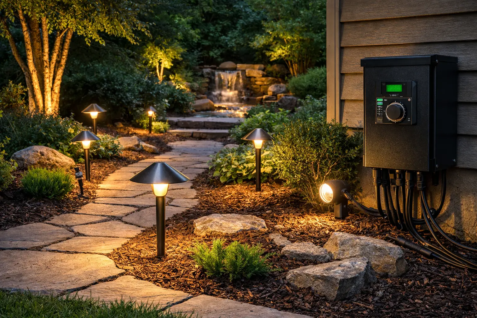 Portfolio landscape lighting installation with low voltage fixtures, path lights, and transformer-based outdoor lighting setup