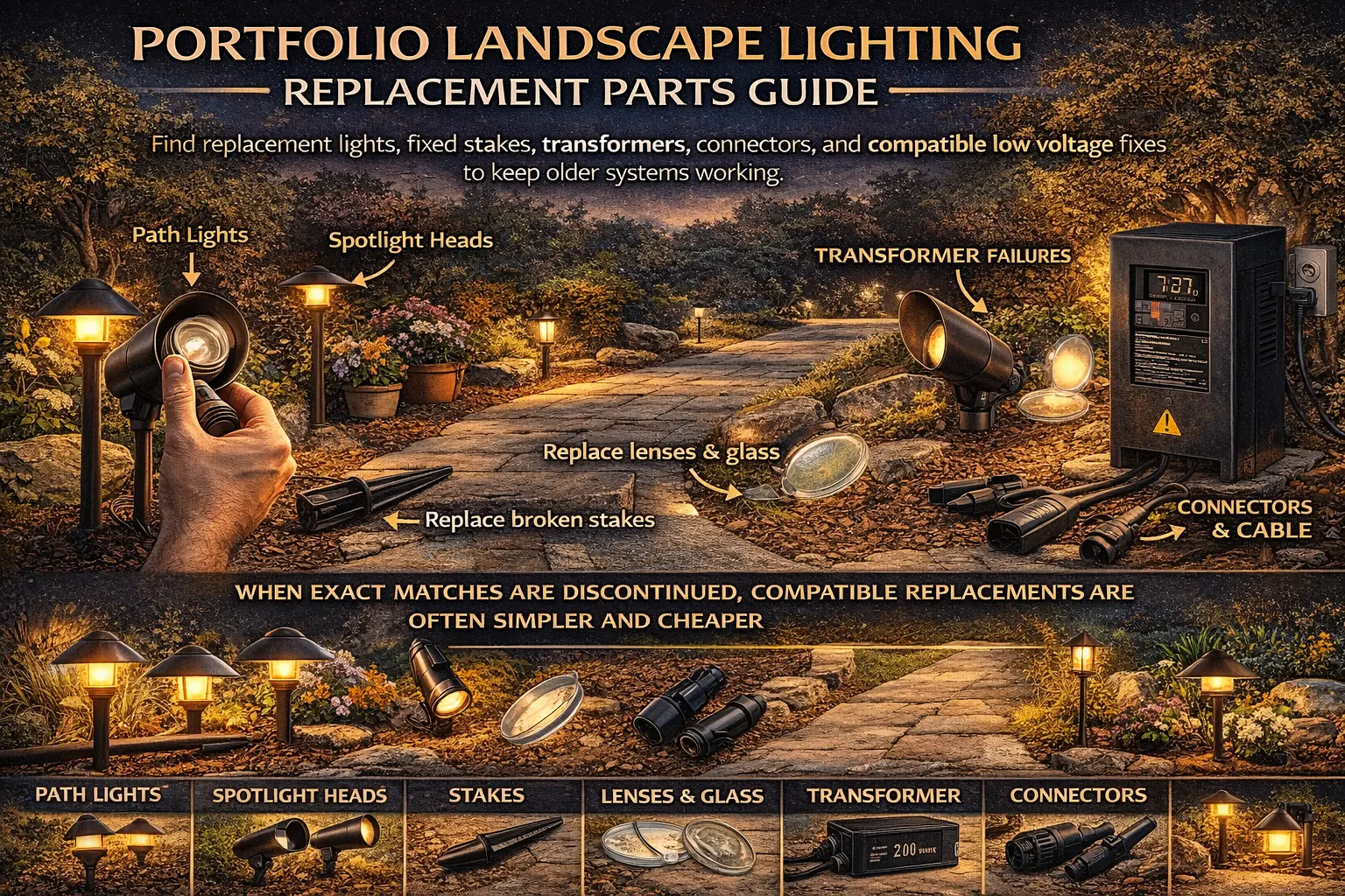Replacement for Portfolio landscape lighting with outdoor path lights, spotlights, stakes, transformers, and low voltage replacement parts