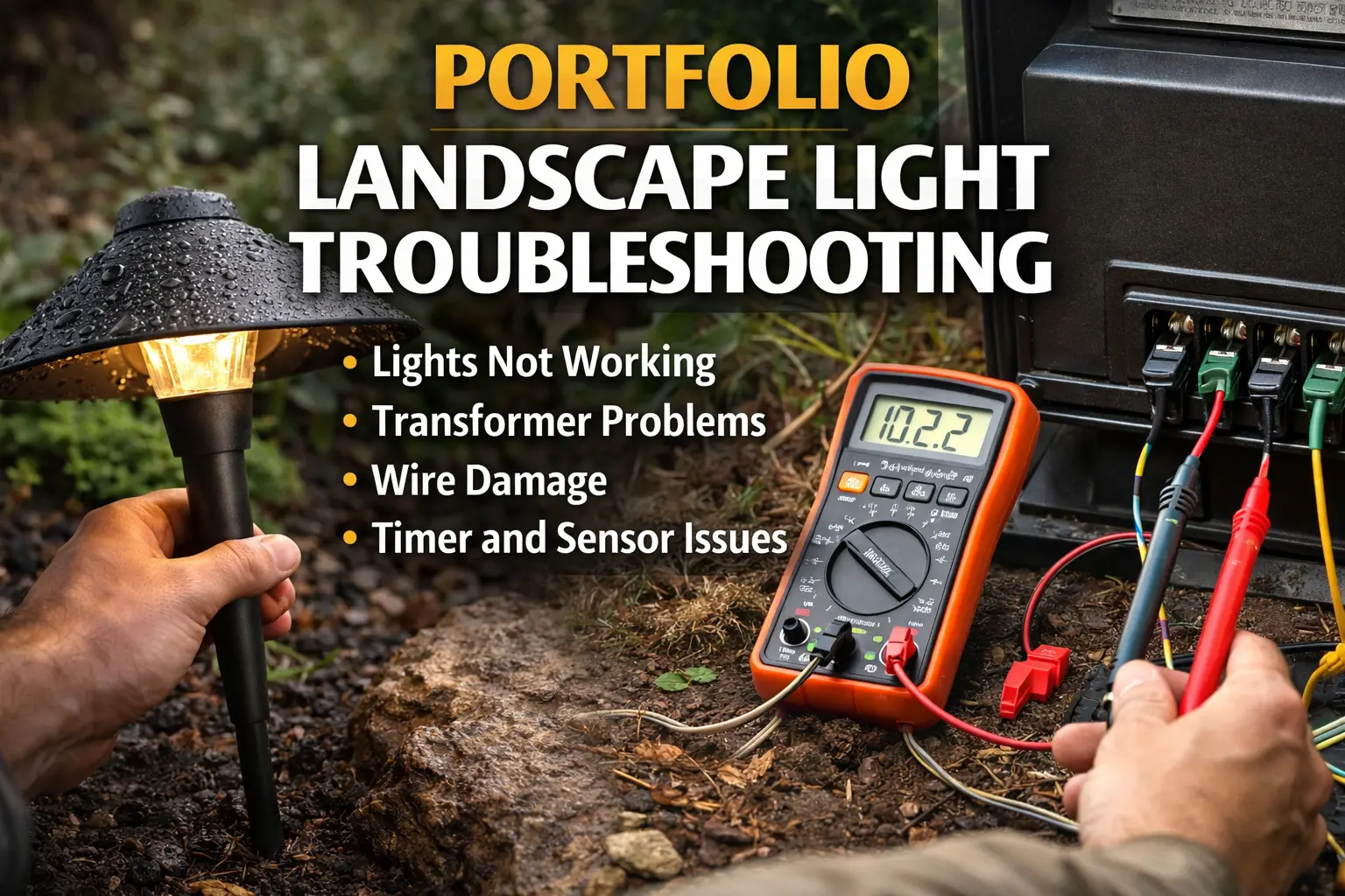 Portfolio landscape lighting transformer troubleshooting with outdoor transformer, timer, low voltage cables, and path lights