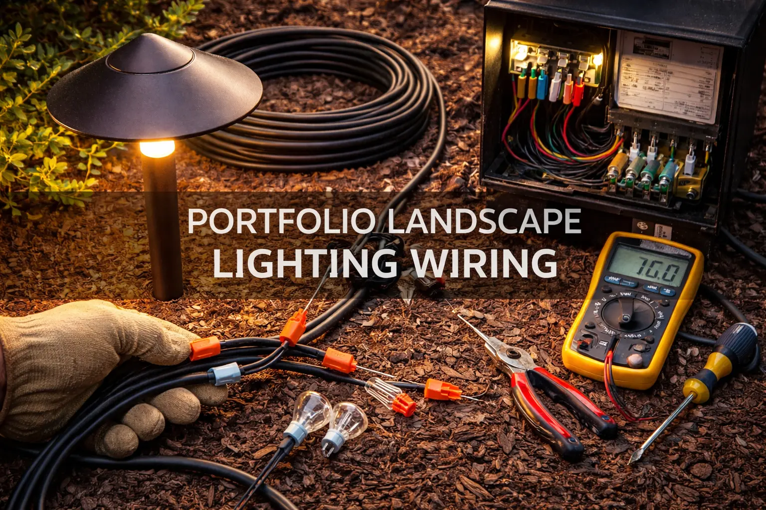 Portfolio landscape lighting wiring for low voltage transformers, cable runs, path lights, and outdoor landscape lighting systems