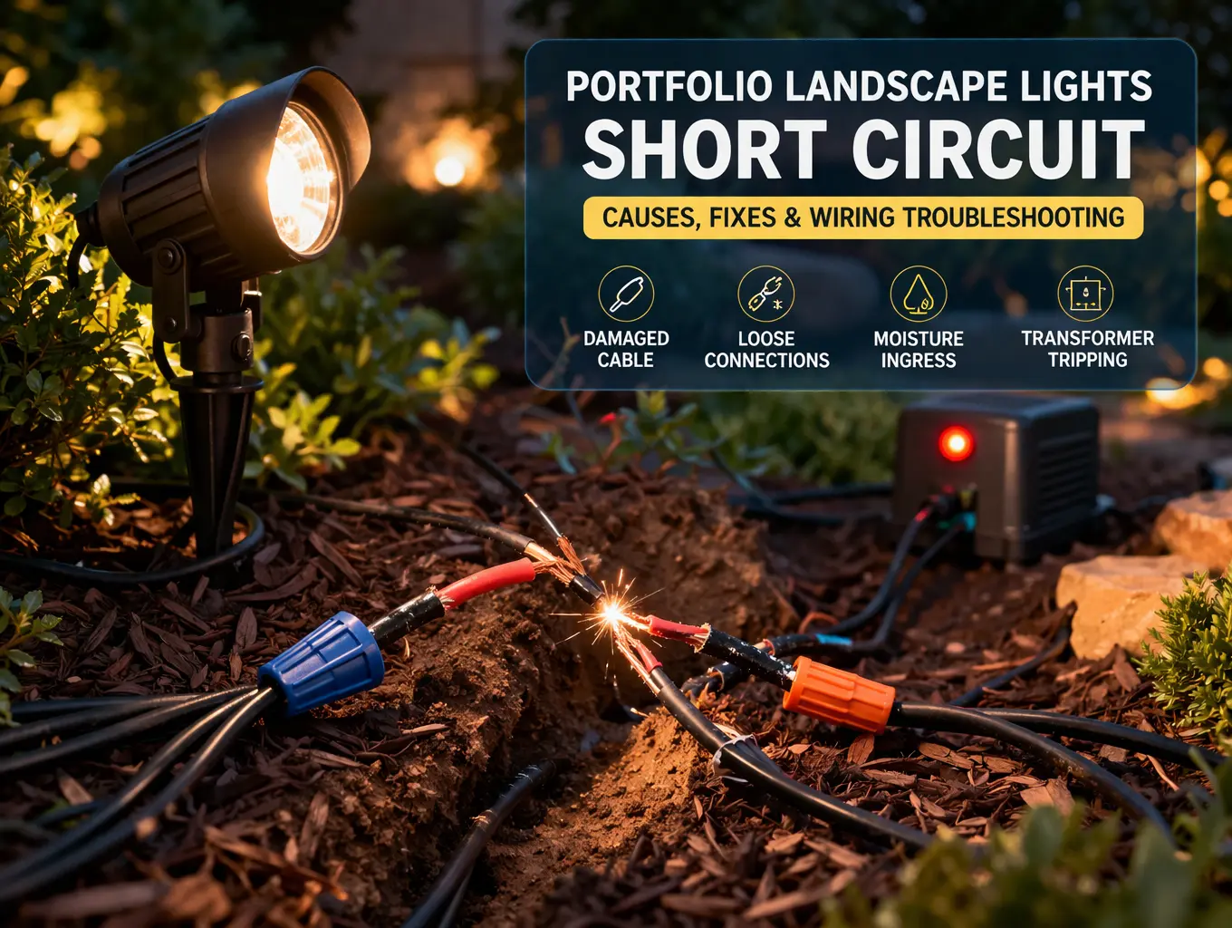 Portfolio landscape lighting cable and fixtures being checked for a short circuit in a yard