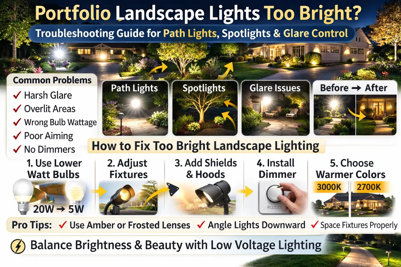 Portfolio landscape lights too bright troubleshooting with path lights, spotlights, glare control, and low voltage outdoor lighting